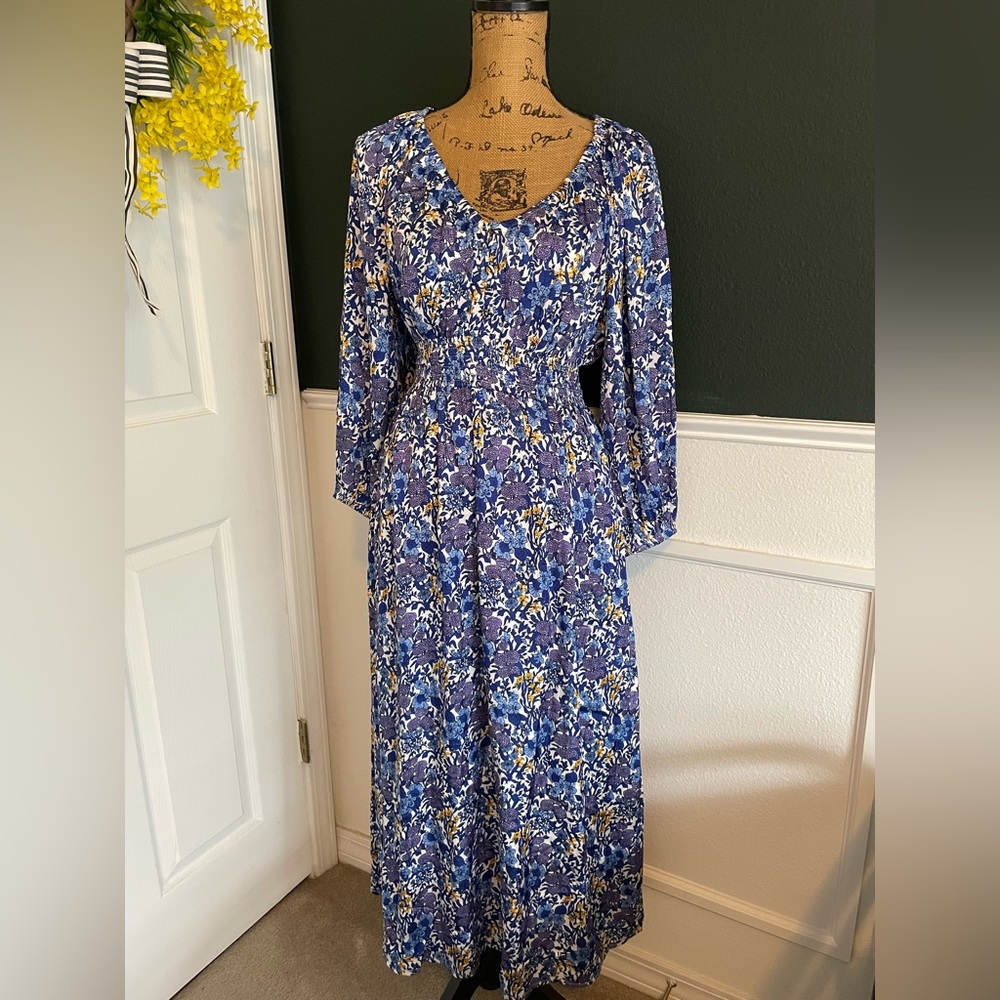 NWT J Crew V-Neck midi dress in fete floral blue print Sz S